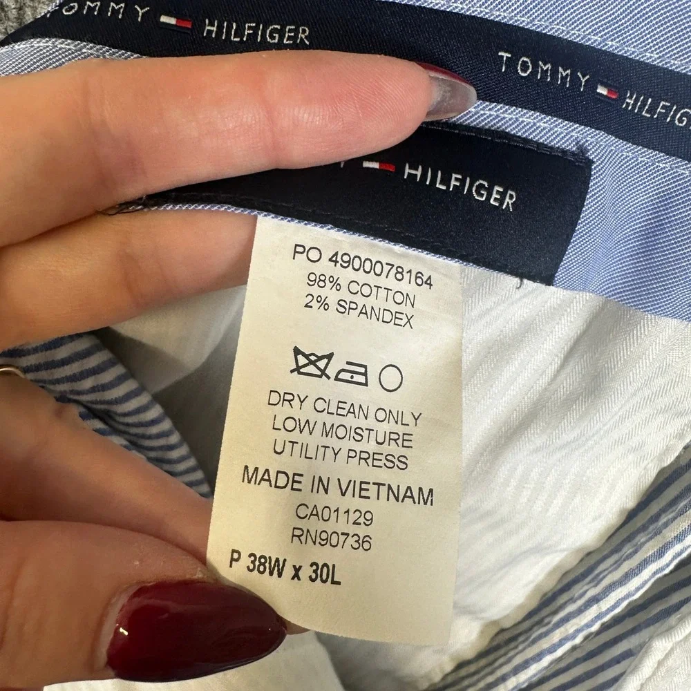 Tommy Hilfiger Mens Seersucker Striped Dress Pants Blue White 38W x 30L